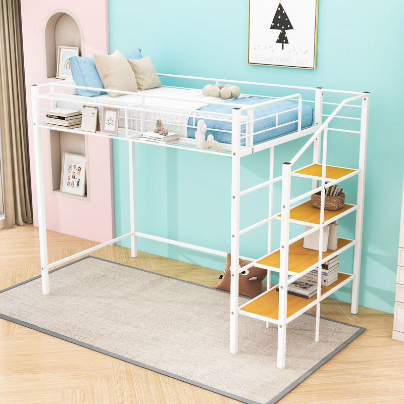 Twin Size Metal Loft Bed With Integrated Storage And Contemporary Design, White