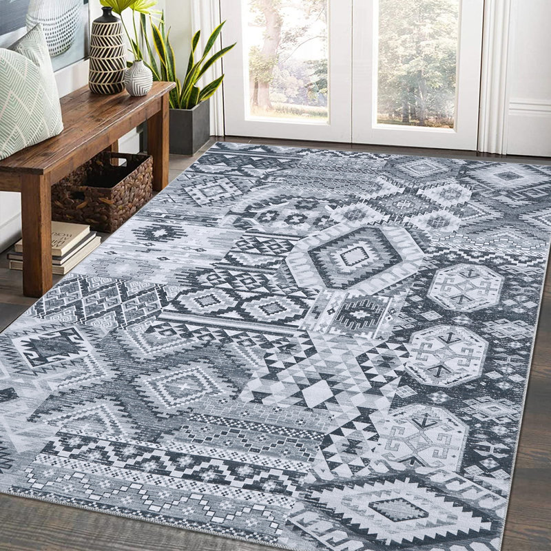 Machine Washable Area Rug Bohemian Rugs for Living Room Low Pile Non-Shedding Vintage Carpet for Bedroom Dining Home Office
