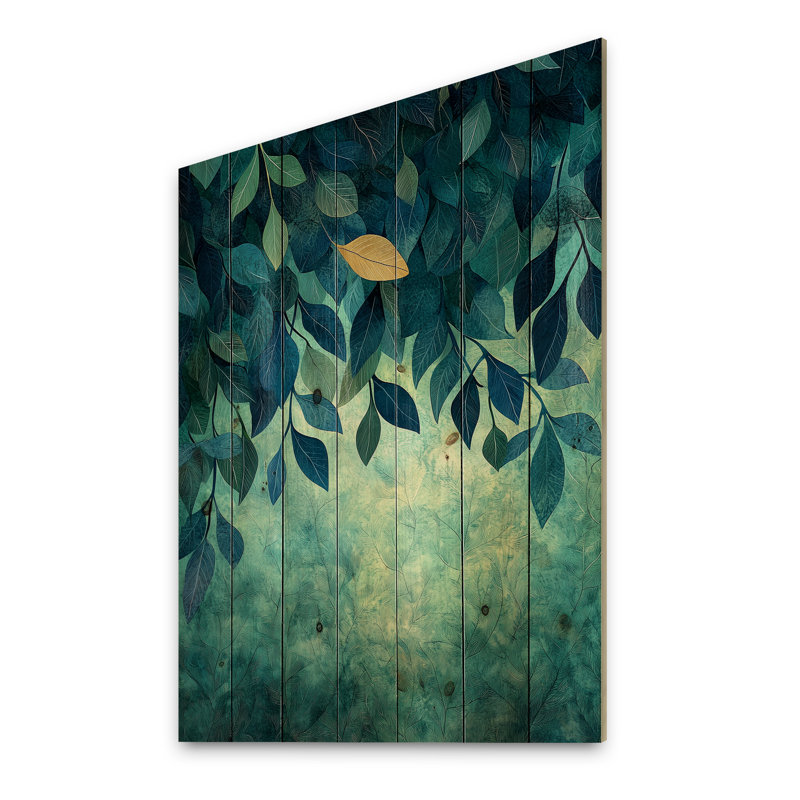 Green And Blue Leaves Forest Tranquility II - Leaves Wood Print - On Natural Pine Wood, 44" H x 34" W x 0.78" D
