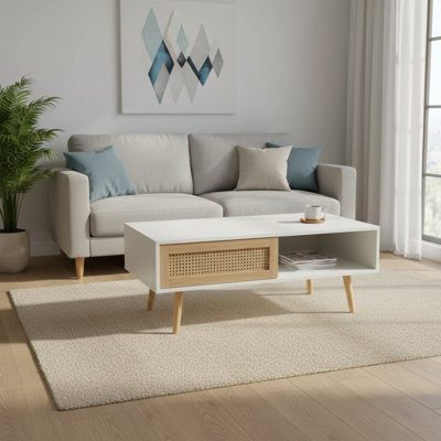 White Rattan Coffee Table, Solid Wood Legs + Sliding Door Storage Function, Suitable For Placement In Modern Living Room