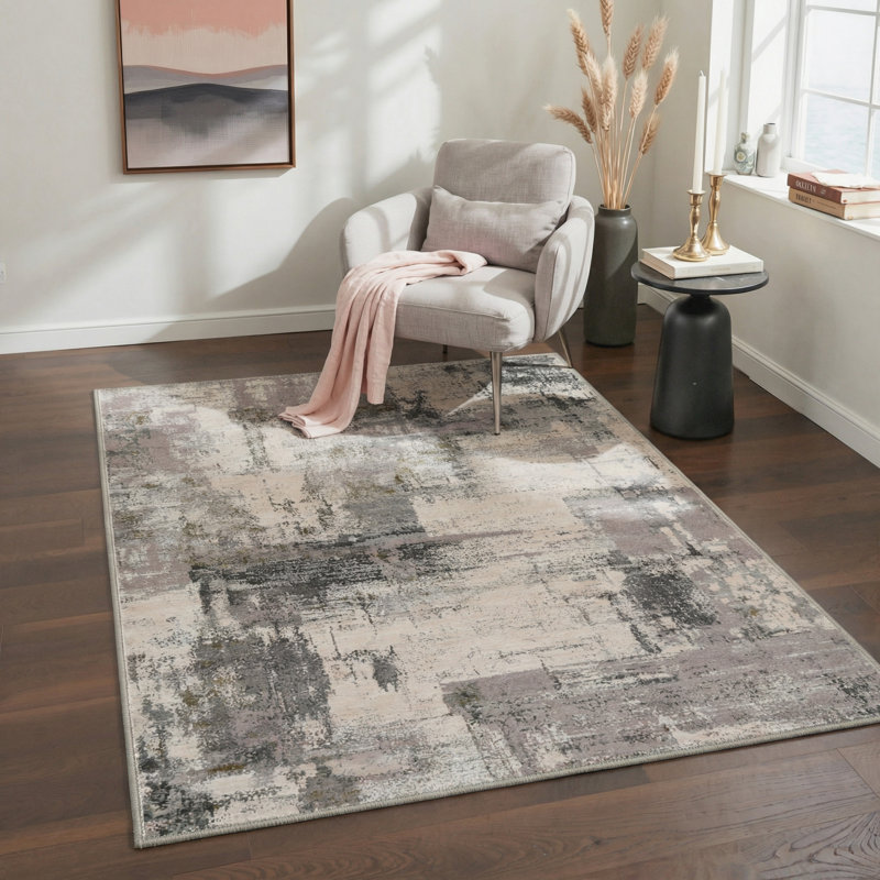Mignone Aura Abstract Machine Washable Beige / Black / Purple Indoor Area Rug with Non-Slip Backing, Round 5'