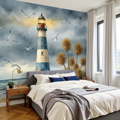 Papiers peints abstraits à peler et coller Rustic Lighouse par Sea Stormy Sky Seagulls, murales, papier peint amovible en PVC, H 100 po x l 144 po, pour salon, chambre, bureau à domicile