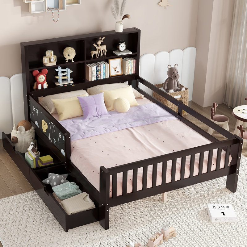 Lit plateforme en bois avec tiroirs et tablettes de rangement, Complète, Espresso