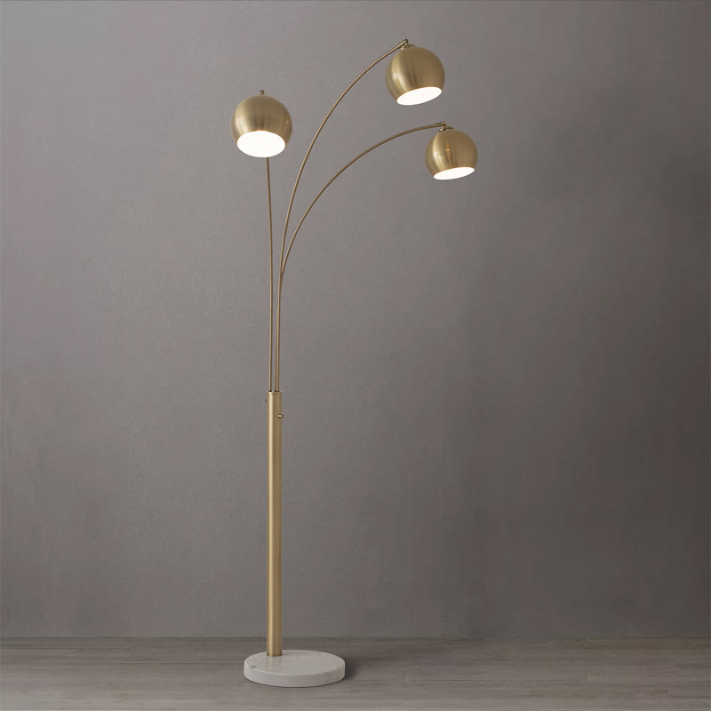 Triplet 3 Light Arc Floor Lamp - Nickel, Marble Base, Dimmer Switch, Weathered Brass, White 