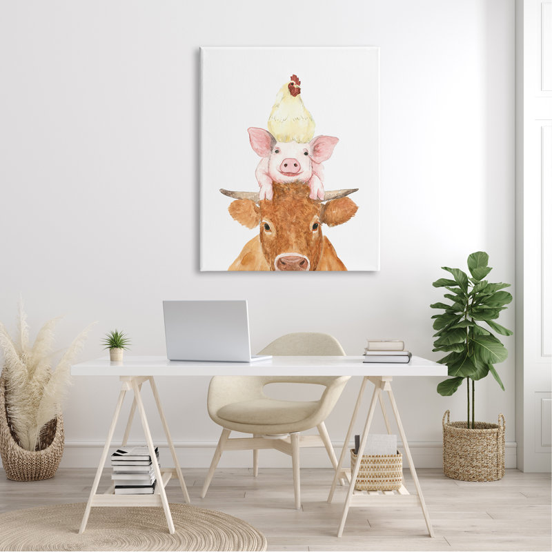 Illustration de poule de vache empilée par une échelle blanche, Toile tendue, L 36 po x H 48 po