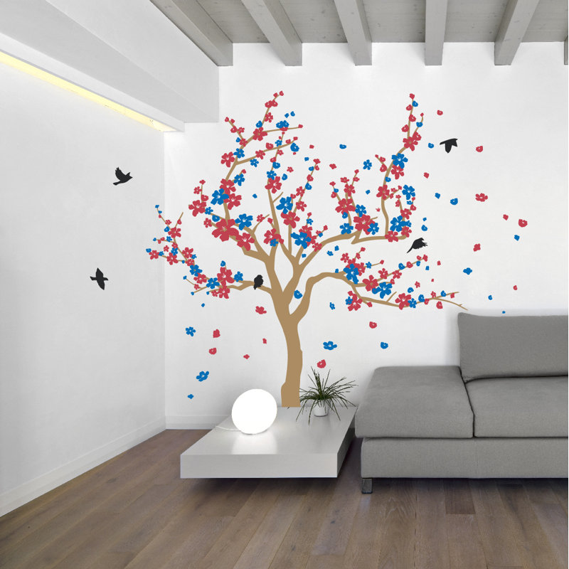 Adhésif décoratif cerisier japonais, H 60 po x l 90 po x P 0,01 po, Brun clair / rouge / bleu