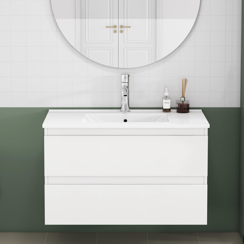 Meuble-lavabo de salle de bain avec lavabo de 80 cm (31,5 pouces), 2 tiroirs spacieux à fermeture amortie, poignée, blanc brillant, solution idéale pour les espaces de taille moyenne.