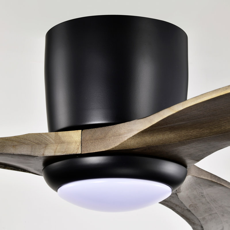 Ventilateur de plafond encastré en bois massif de 52 po à 3 pales avec lumière DEL et télécommande, Noir, Bois brun foncé