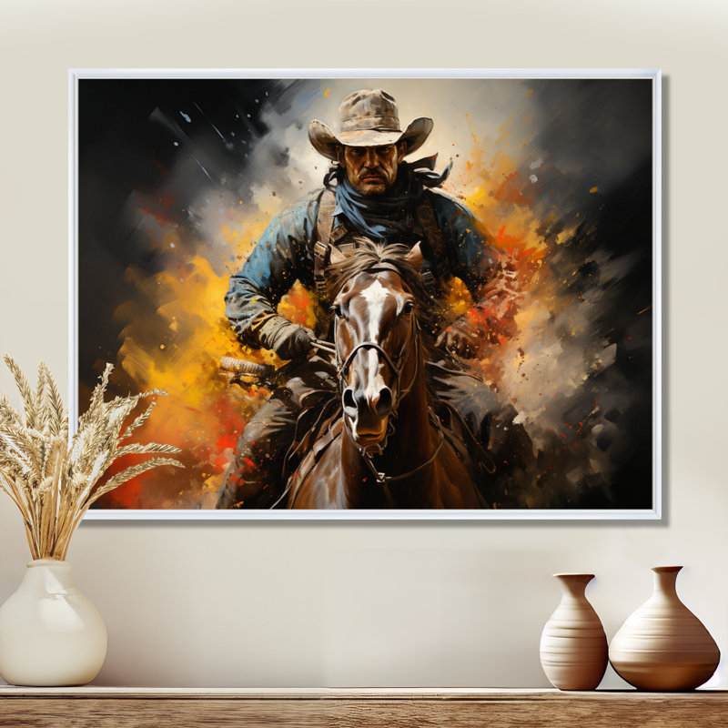 «Western Rodeo Spirit Pointillism Art», reproduction d'art sur toile, H 12 po x l 20 po x P 1 po, Cadre flottant blanc