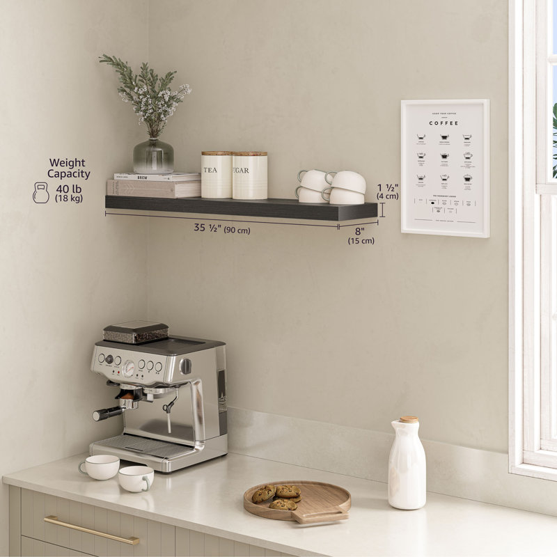 Miami 36" Floating Shelf for Wall, 8" Depth Long Mounted Wall Shelf, 1.5" H x 36" W x 8" D, Black