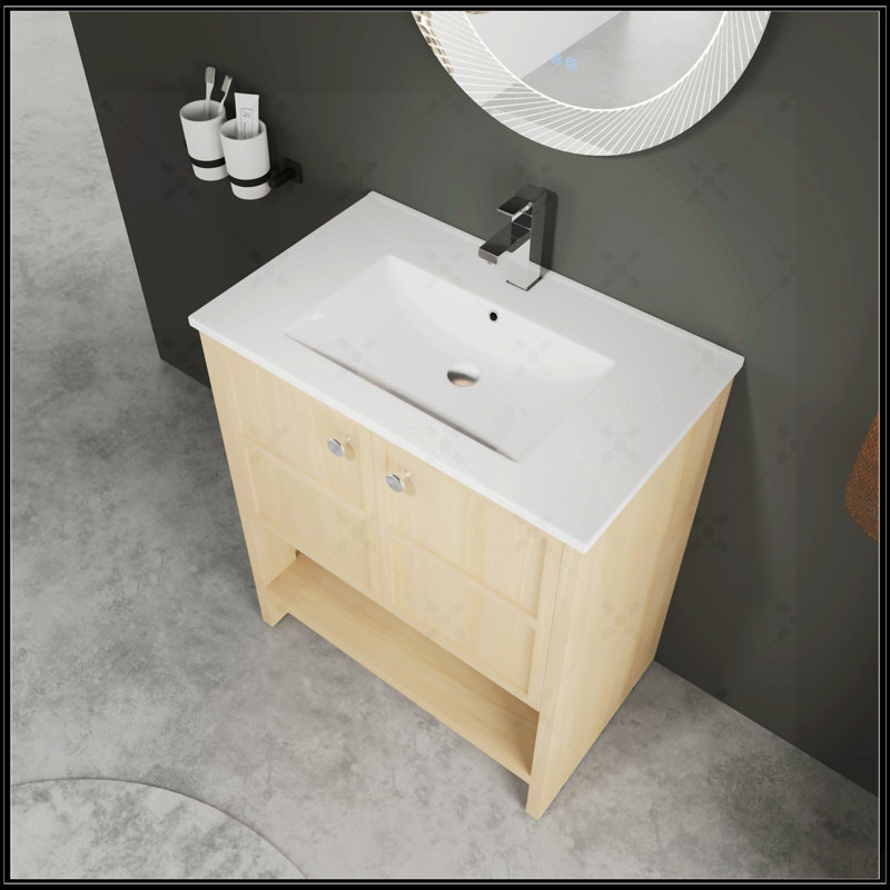 Meuble-lavabo autoportant avec lavabo en céramique, portes à fermeture douce et fabrication en contreplaqué durable, 30"
