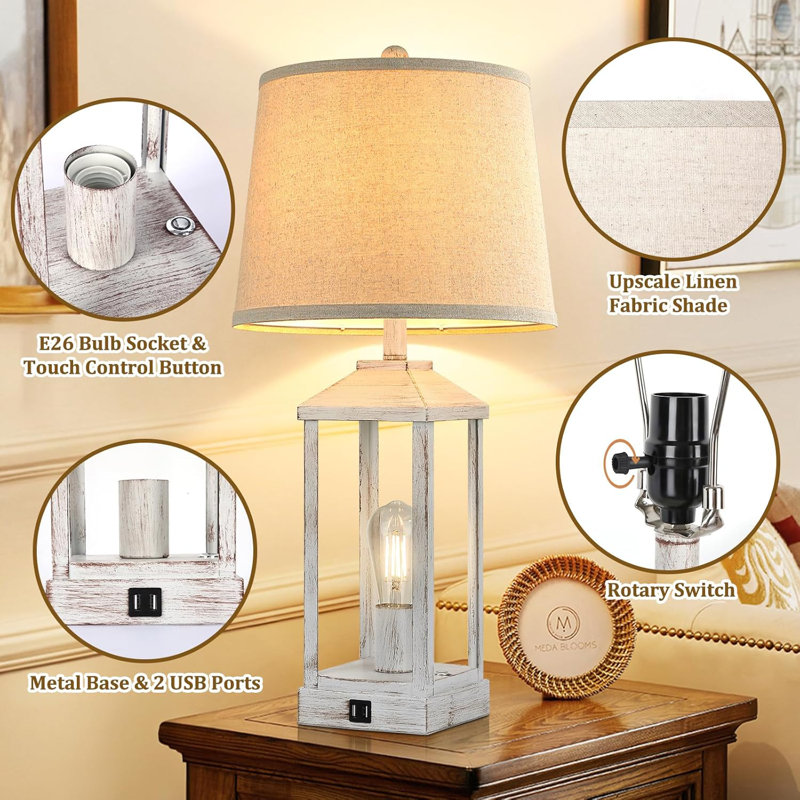 28" White Rustic Farmhouse Table Lamps Set with USB Ports