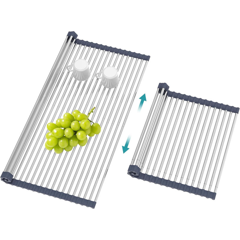 Extra Large Expandable Over-Sink Dish Drying Rack | Roll-Up Stainless Steel Sink Cover | Foldable & Rollable | Black (25.1''-17.3'')