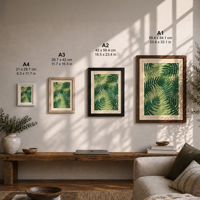 Layered Fern Fronds Botanical - Framed Print, A2 - 59.4 x 42.0 cm, Oak
