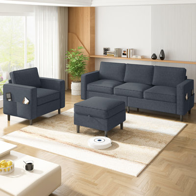 3 Piece Linen L-Shaped Sofa Set with Storage Ottoman & Armchair