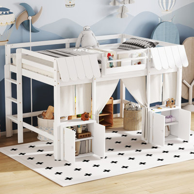 Full Loft Kids Bed with Bookshelf, Storage Shelf, Curtain & Safety Guardrails – Playful Amusement Park Design, White