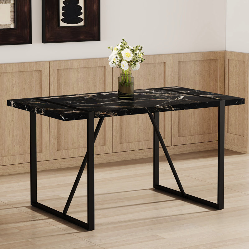 Table de salle à manger pour 4 à 6 sièges, plateau épais de 1,5 po, pieds en métal noir, bureau de travail, cuisine, terrasse, mobilier fonctionnel, cuisine et mélange, 54,02 po x 36,4 po,