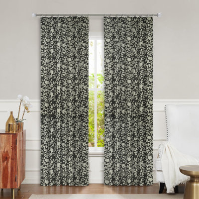 Black Floral Handmade Block Printed Thick Linen Blackout Pinch Pleat Curtain Panel for Living Room and Bedroom, Room Darkening Boho Farmhouse Curtains & Drapes
