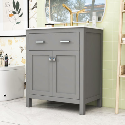 Meuble-lavabo simple autoportant en bois avec lavabo en céramique et rangement polyvalent Mathena