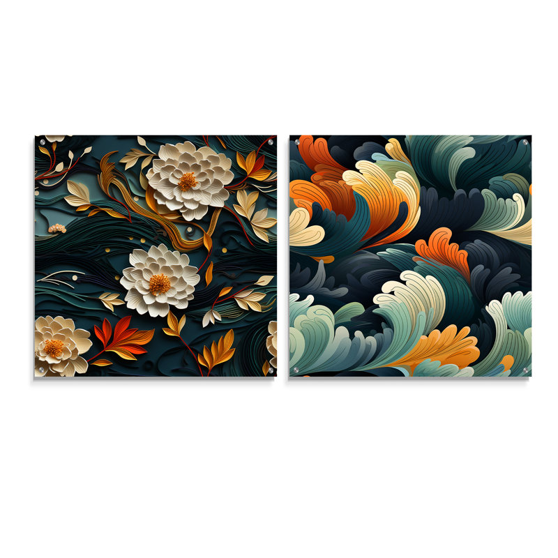 Blanc et bleu sarcelle Mindful Floral Beauty Zen - ensemble d'art mural en acrylique sur verre Floral, H 16 po x l 33 po