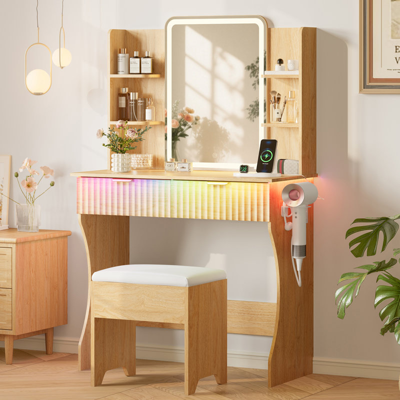 Lacorsha Makeup Vanity Set with LED Mirror ,Vanity Desk Stool with Power Outlet,2 Drawers,6 Shelves with Brightness Lighting, 1 Hair Dryer Holder