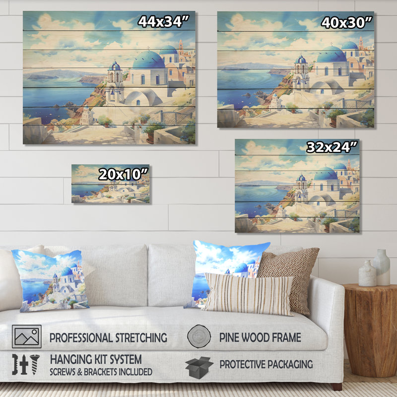 Grèce Grèce, paysage de Santorin III - Grèce sur bois, H 34 po x l 44 po