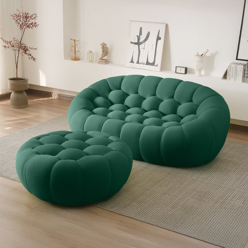 Kayi 79.53" Upholstered Boneless Loveseat Pumpkin-shaped Sofa With Ottoman, No Assembly Required, Green