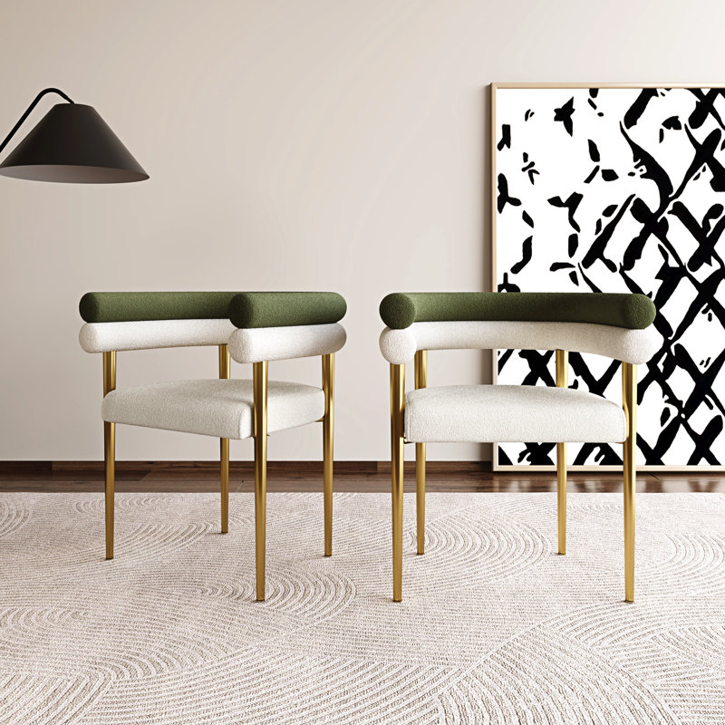 Dining Chairs Upholstered Arm Chairs With Backrests and Metal Legs(Set of 2), Green/White