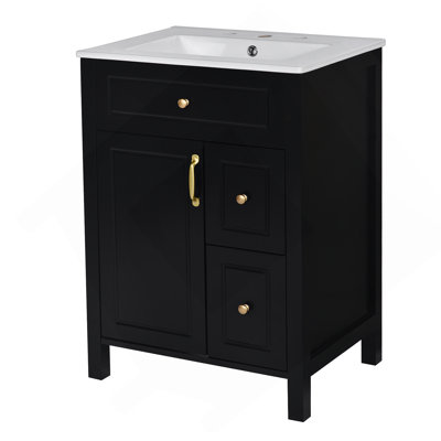 Meuble-lavabo de 24 pouces avec lavabo en céramique, 1 porte à fermeture en douceur, 2 tiroirs à fermeture en douceur et 2 supports de rangement sur la porte