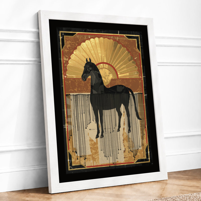 Silhouette Horse in Gold Art Deco - Framed Print, A3 - 42.0 x 29.7 cm, White