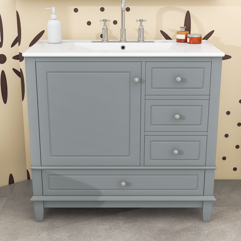Meuble-lavabo simple autoportant moderne avec lavabo en céramique et tiroirs de rangement, Gris