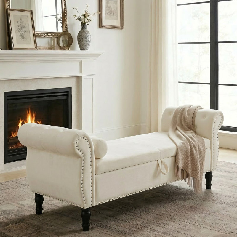 Velvet Upholstered Storage Bench, Beige
