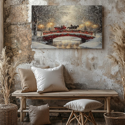 Hiver, scène de neige, calèche sur pont rouge, impression sur toile pour salon, chambre à coucher, bureau, couloir, vestibule, galerie murale et décoration intérieure moderne