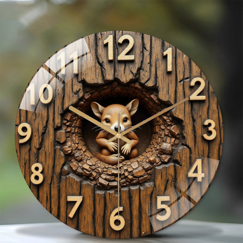 Horloge murale en bois avec motif de renard mignon et art numérique