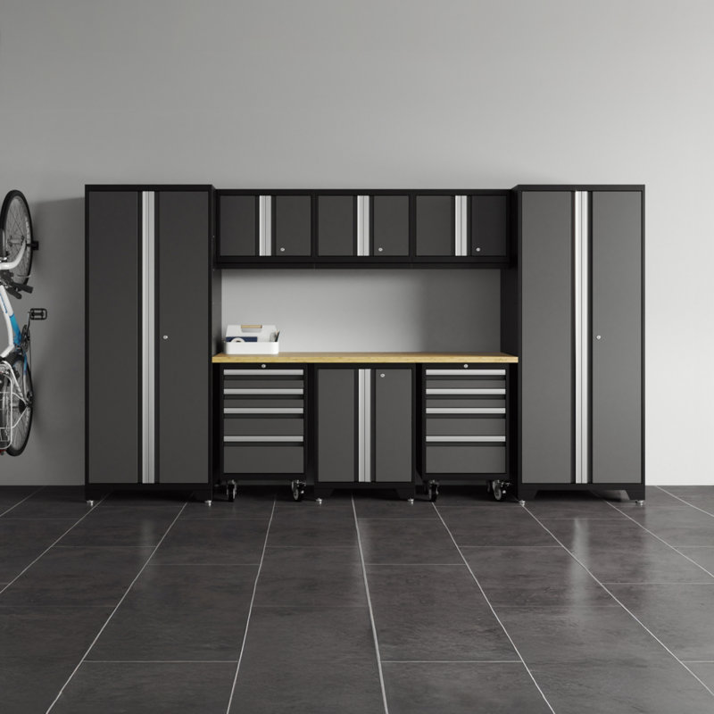 Bold XL Series Gray 9 Piece Garage Cabinets Set With Tool, Base, Wall Cabinets, 30 In. Lockers, Gray With Bamboo Worktop