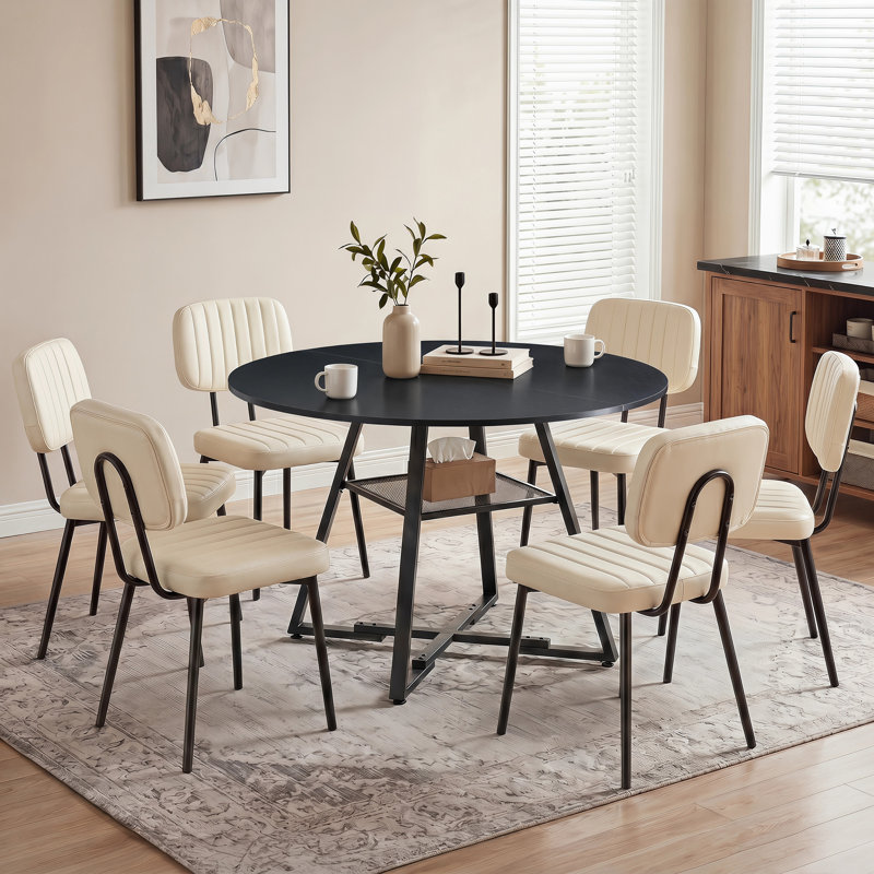 Ensemble de table de salle à manger 42 "avec chaises rembourrées Industrial, Noir, 7 Pieces: Table, 6 Chairs, Blanc
