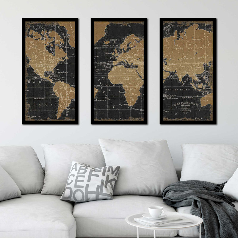 "Mappemonde Borderless Black Gold" par Pela Studio, reproduction de 3 pièces sur acrylique, H 33,5 po x l 52,5 po x P 1 po