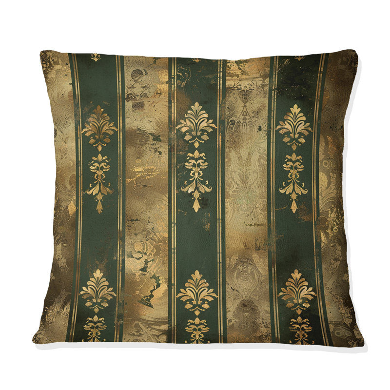 Coussin décoratif à rayures dorées et vertes I, H 16 po x l 16 po