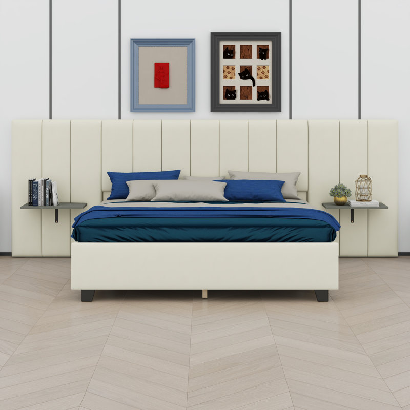 Lit plateforme tapissier avec grande tête de lit, mobilier de chambre à coucher, Beige