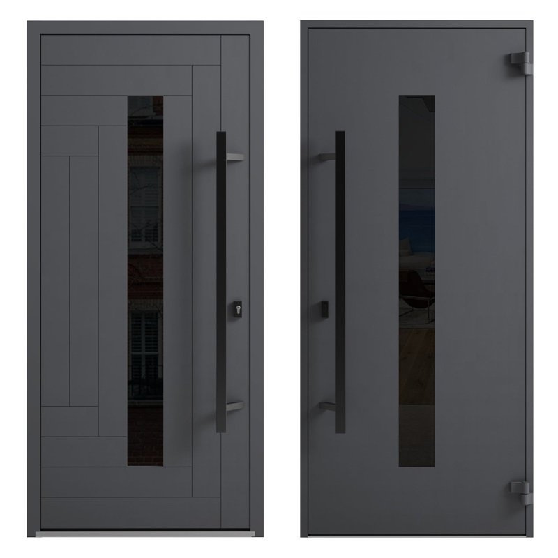Façade avant en acier pré-suspendue / Ronex 0130 gris / 2 côtés et fenêtre extérieure supérieure avec panneau latéral / entrée en métal peint moderne l 16 + 36 + 16 po x H 80 + 16 po à droite
