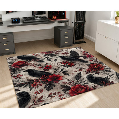 Tapis gothique à motif floral Corbeau, motif de fleurs et d'oiseaux rétro foncé, tapis doux antidérapant, décoration intérieure artistique pour le salon, la chambre à coucher, le vestibule, appartement