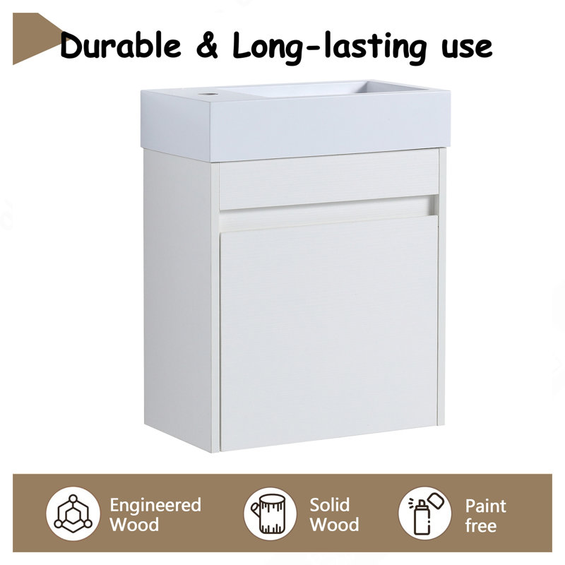 Meuble-lavabo mural 18 po avec lavabo en résine blanche et porte d'armoire à fermeture en douceur 18 po, White Straight Grain
