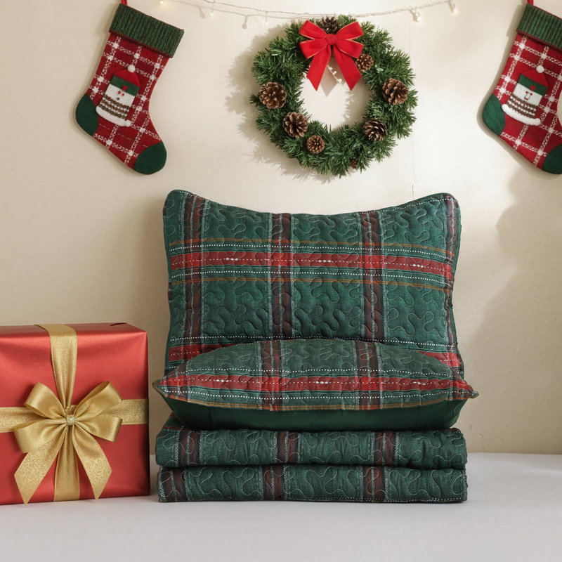 Ensemble de courtepointe de Noël, courtepointe en microfibre douce, couvre-lit léger pour l'hiver, Tissu écossais vert