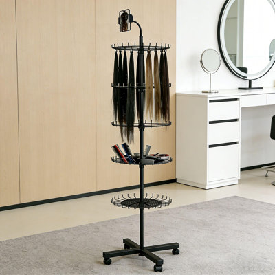 Ultility Cart Braiding Hair Rack Stand - Hair Extension Salon Storage Tray With Phone Holder, 140 Pegs, Adjustable Height