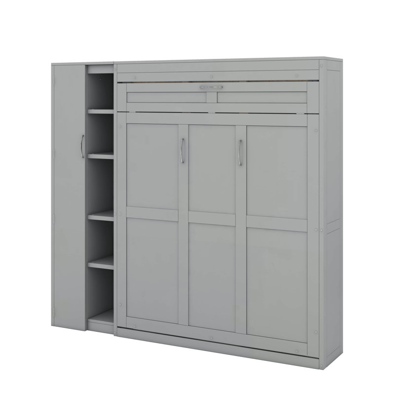 Lit escamotable double avec garde-robe, tablettes et lumières DEL, Gris