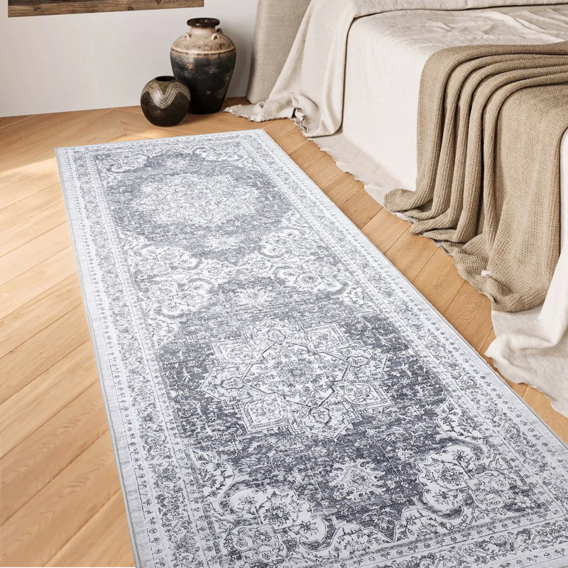 Washable Area Rug, Vintage Retro Carpet with Non-Slip Backing, Floral Pattern Floor Rugs for Entryway, Kitchen, Bathroom, Living Room, Hallways, Bedroom, Gray