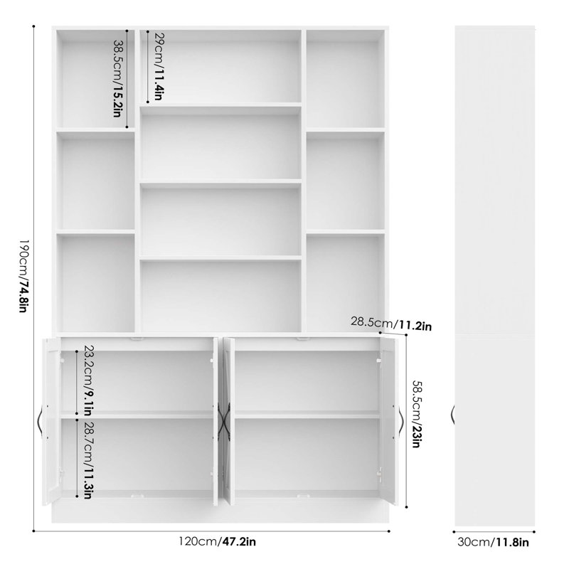74.8'' H Storage Bookcase With 10 Open Shelves, White