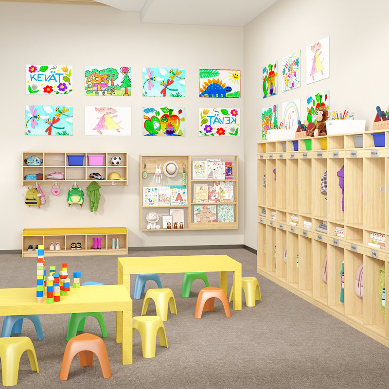10-Section Classroom Coat Locker with 10 Cubbies, Daycare Cubbies with 20 Hooks and Acrylic Mirror, Kindergarten Lockers for Home, School, Nursery