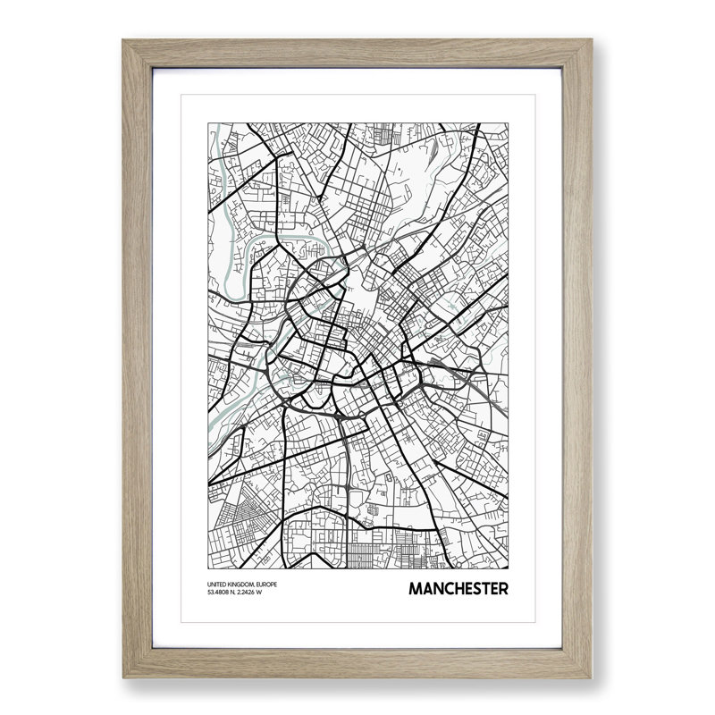 Map Manchester UK - Picture Frame Graphic Art, 48cm H x 36cm W x 2cm D, Oak