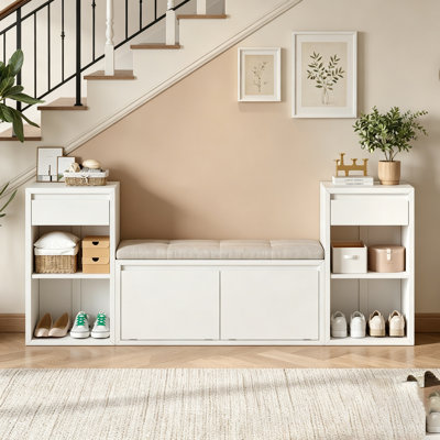 All-In-One Entryway Storage Bench With Cushion, Compartments, Drawers & Open Shelves For Hallway And Living Room